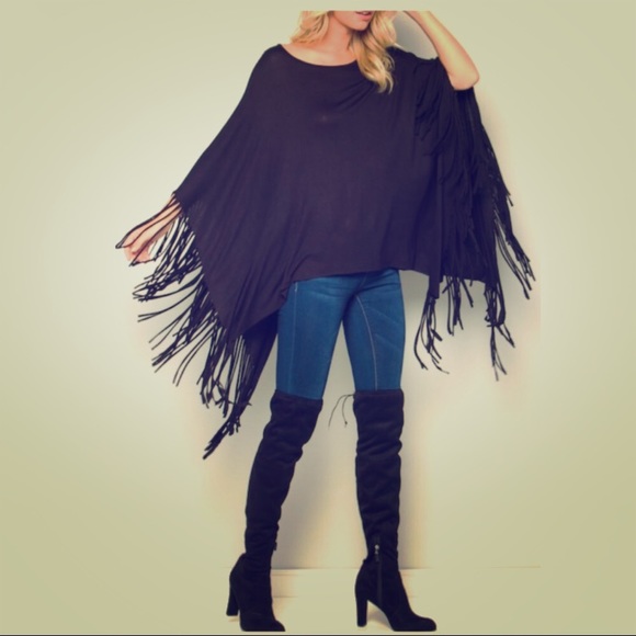 Black Fringe Hem Poncho - Picture 2 of 2